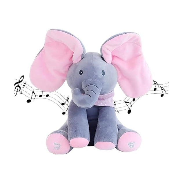 Peek A Boo Elephant Plush Toy for Babies & Kids, Musical Stuffed Animal with Moving Flappy Ears, Interactive Singing Soft Toy for Toddlers, Cuddly Gift for Birthday