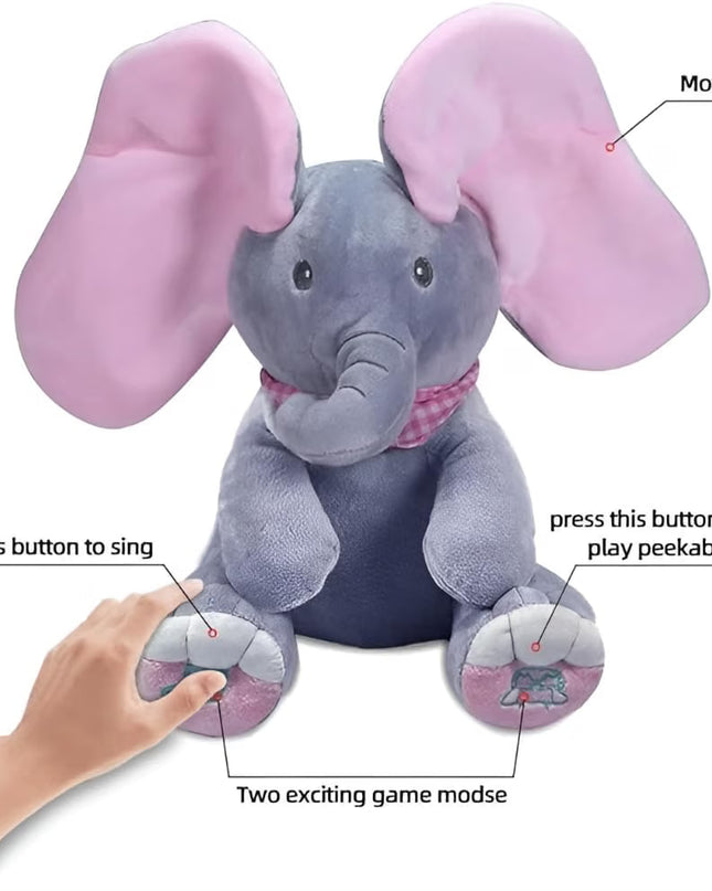 Peek A Boo Elephant Plush Toy for Babies & Kids, Musical Stuffed Animal with Moving Flappy Ears, Interactive Singing Soft Toy for Toddlers, Cuddly Gift for Birthday