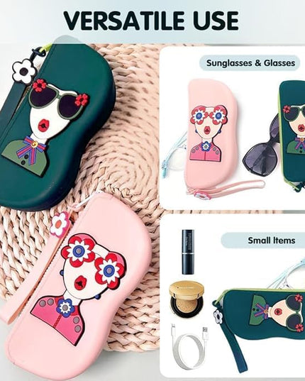 Cute Silicone Sunglass Case with Zipper & Wrist Strap, Soft Protective Glasses Holder for Women, Men & Kids | Waterproof Eyeglass Pouch with Cleaning Cloth | Travel & Everyday Use (MULTI)
