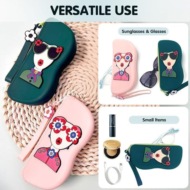 Cute Silicone Sunglass Case with Zipper & Wrist Strap, Soft Protective Glasses Holder for Women, Men & Kids | Waterproof Eyeglass Pouch with Cleaning Cloth | Travel & Everyday Use (MULTI)