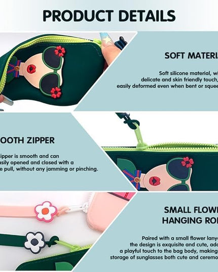 Cute Silicone Sunglass Case with Zipper & Wrist Strap, Soft Protective Glasses Holder for Women, Men & Kids | Waterproof Eyeglass Pouch with Cleaning Cloth | Travel & Everyday Use (MULTI)