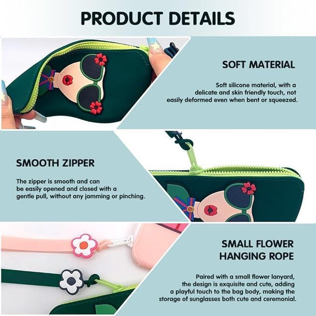 Cute Silicone Sunglass Case with Zipper & Wrist Strap, Soft Protective Glasses Holder for Women, Men & Kids | Waterproof Eyeglass Pouch with Cleaning Cloth | Travel & Everyday Use (MULTI)