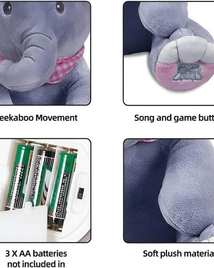 Peek A Boo Elephant Plush Toy for Babies & Kids, Musical Stuffed Animal with Moving Flappy Ears, Interactive Singing Soft Toy for Toddlers, Cuddly Gift for Birthday
