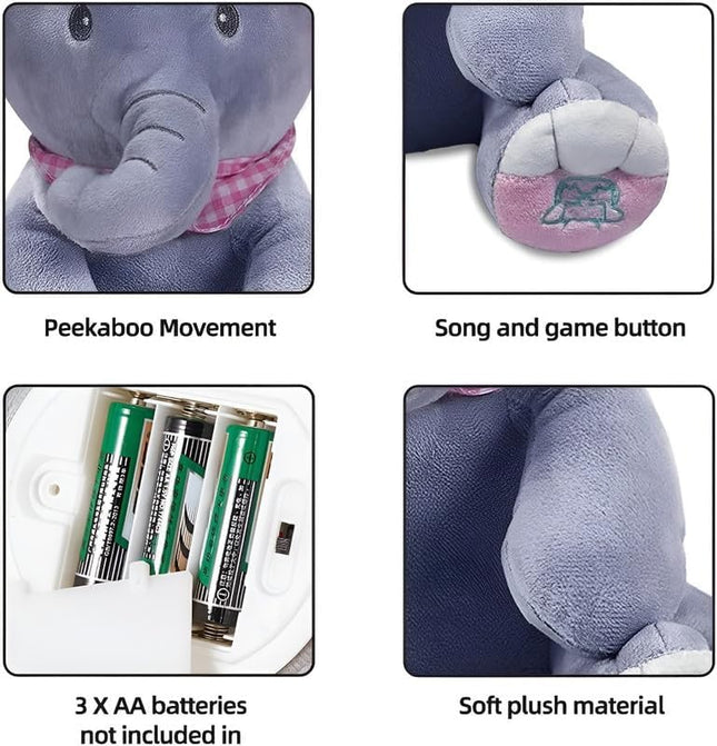 Peek A Boo Elephant Plush Toy for Babies & Kids, Musical Stuffed Animal with Moving Flappy Ears, Interactive Singing Soft Toy for Toddlers, Cuddly Gift for Birthday