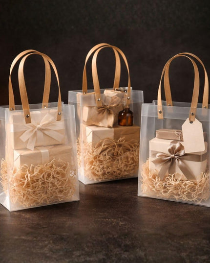 4 Pcs Translucent Gift Bags with Golden Handle|Gift Bags for Wedding Christmas Valentine Day Birthday Anniversary Party Return Gift Hamper Packaging carry bag Festive Gifting