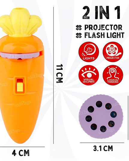 Carrot Shape Projector Torch for Kids with 3 Image Discs | Educational Pretend Play Toy Flashlight | Story Projection Night Light for Toddlers, Boys & Girls