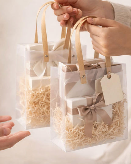 4 Pcs Translucent Gift Bags with Golden Handle|Gift Bags for Wedding Christmas Valentine Day Birthday Anniversary Party Return Gift Hamper Packaging carry bag Festive Gifting