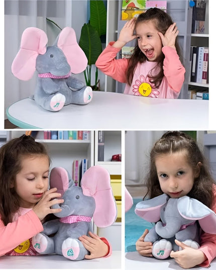 Peek A Boo Elephant Plush Toy for Babies & Kids, Musical Stuffed Animal with Moving Flappy Ears, Interactive Singing Soft Toy for Toddlers, Cuddly Gift for Birthday