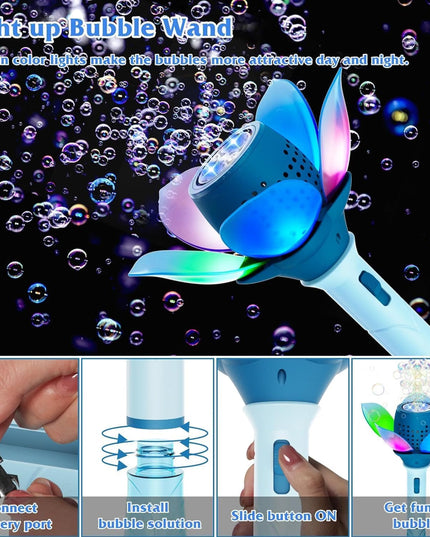 Electric Bubble Wand for Kids, Automatic Bubble Machine with LED Lights, 10000+ Bubbles per Minute, Flower Bubble Stick Toy, Portable Bubble Blower for Outdoor Play (Blue)