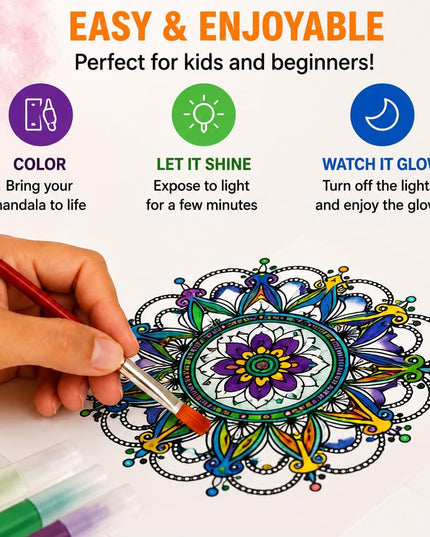 Glow in the Dark Mandala Art DIY Kit, with 6 Artwork Sheets, Coasters, Glow Paints, for Ages 3+