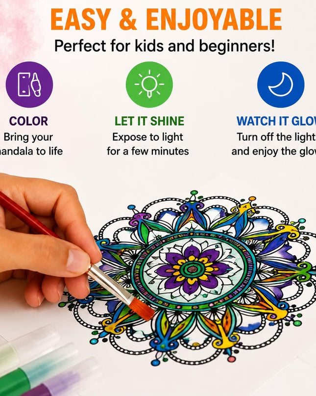 Glow in the Dark Mandala Art DIY Kit, with 6 Artwork Sheets, Coasters, Glow Paints, for Ages 3+