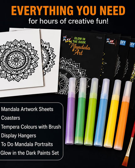Glow in the Dark Mandala Art DIY Kit, with 6 Artwork Sheets, Coasters, Glow Paints, for Ages 3+