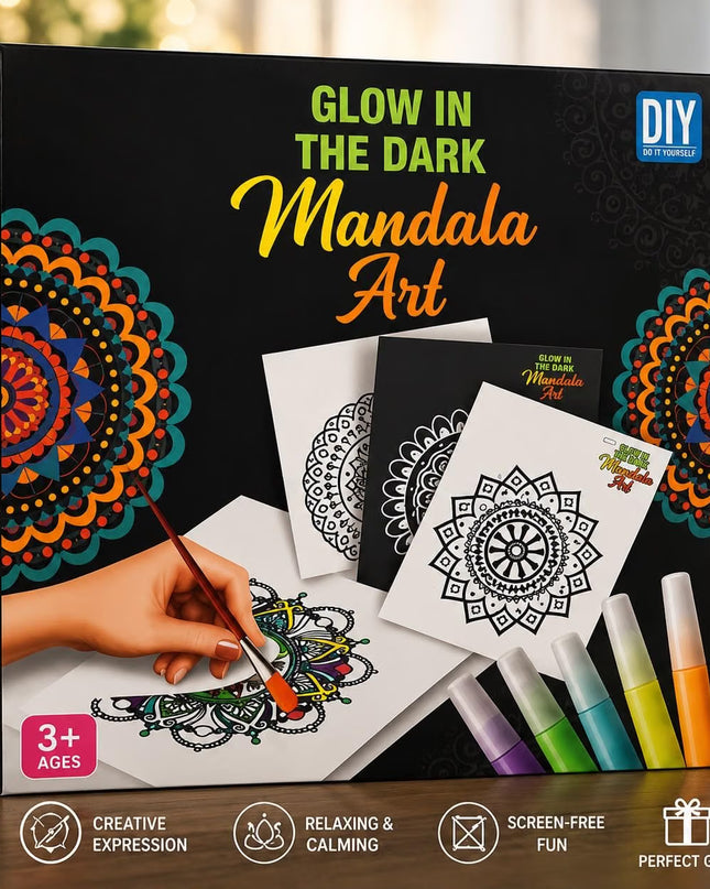 Glow in the Dark Mandala Art DIY Kit, with 6 Artwork Sheets, Coasters, Glow Paints, for Ages 3+
