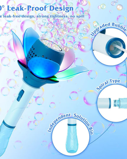 Electric Bubble Wand for Kids, Automatic Bubble Machine with LED Lights, 10000+ Bubbles per Minute, Flower Bubble Stick Toy, Portable Bubble Blower for Outdoor Play (Blue)