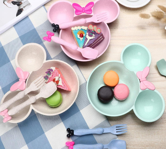 Kids Dinner Set Mickey Shape Wheat Straw Plate Bowl Baby Training