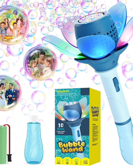 Electric Bubble Wand for Kids, Automatic Bubble Machine with LED Lights, 10000+ Bubbles per Minute, Flower Bubble Stick Toy, Portable Bubble Blower for Outdoor Play (Blue)