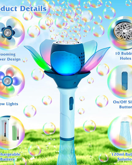 Electric Bubble Wand for Kids, Automatic Bubble Machine with LED Lights, 10000+ Bubbles per Minute, Flower Bubble Stick Toy, Portable Bubble Blower for Outdoor Play (Blue)