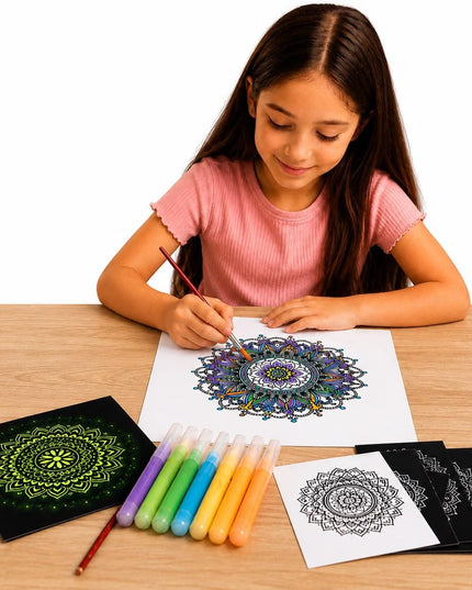 Glow in the Dark Mandala Art DIY Kit, with 6 Artwork Sheets, Coasters, Glow Paints, for Ages 3+