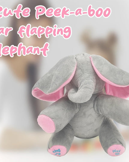 Peek A Boo Elephant Plush Toy for Babies & Kids, Musical Stuffed Animal with Moving Flappy Ears, Interactive Singing Soft Toy for Toddlers, Cuddly Gift for Birthday