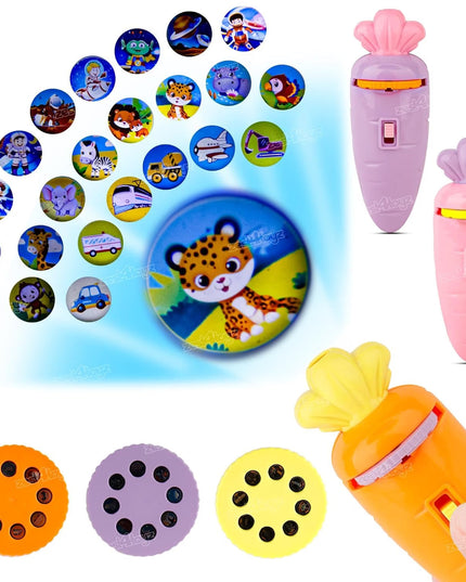 Carrot Shape Projector Torch for Kids with 3 Image Discs | Educational Pretend Play Toy Flashlight | Story Projection Night Light for Toddlers, Boys & Girls