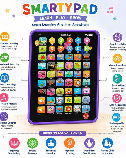 Learning Pad for Preschoolers & Toddlers 2Y+ | 14 Interactive Functions, Phonics, Alphabets, Numbers, Transport & Animal Sounds | Educational and Early Developmental Toy (Purple)