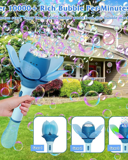 Electric Bubble Wand for Kids, Automatic Bubble Machine with LED Lights, 10000+ Bubbles per Minute, Flower Bubble Stick Toy, Portable Bubble Blower for Outdoor Play (Blue)