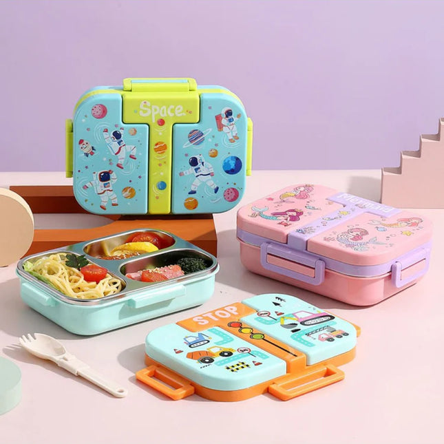 Cute Kids Bento Lunch Box with 3 Compartments & Cutlery